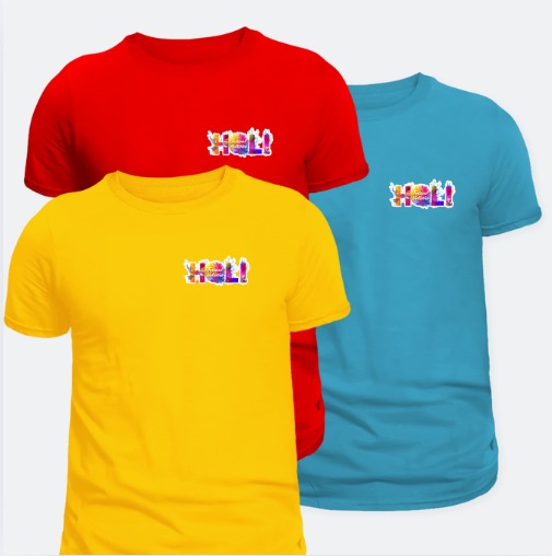 Remeras Holi con logo del festival en rojo, amarillo y turquesa